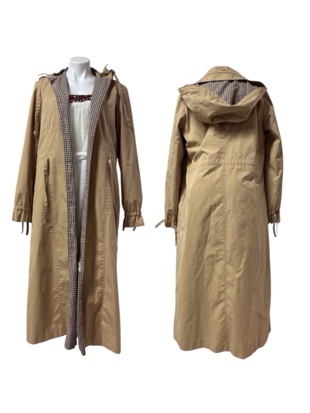 Vintage Hong Kong Tan Gingham Lined Hooded Trench Coat Large